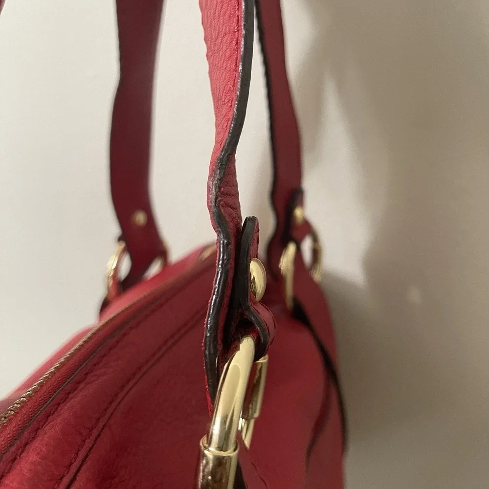 Michael Kors Red Pebbled Leather Shoulder Bag Gold Hardware Large Satchel Purse